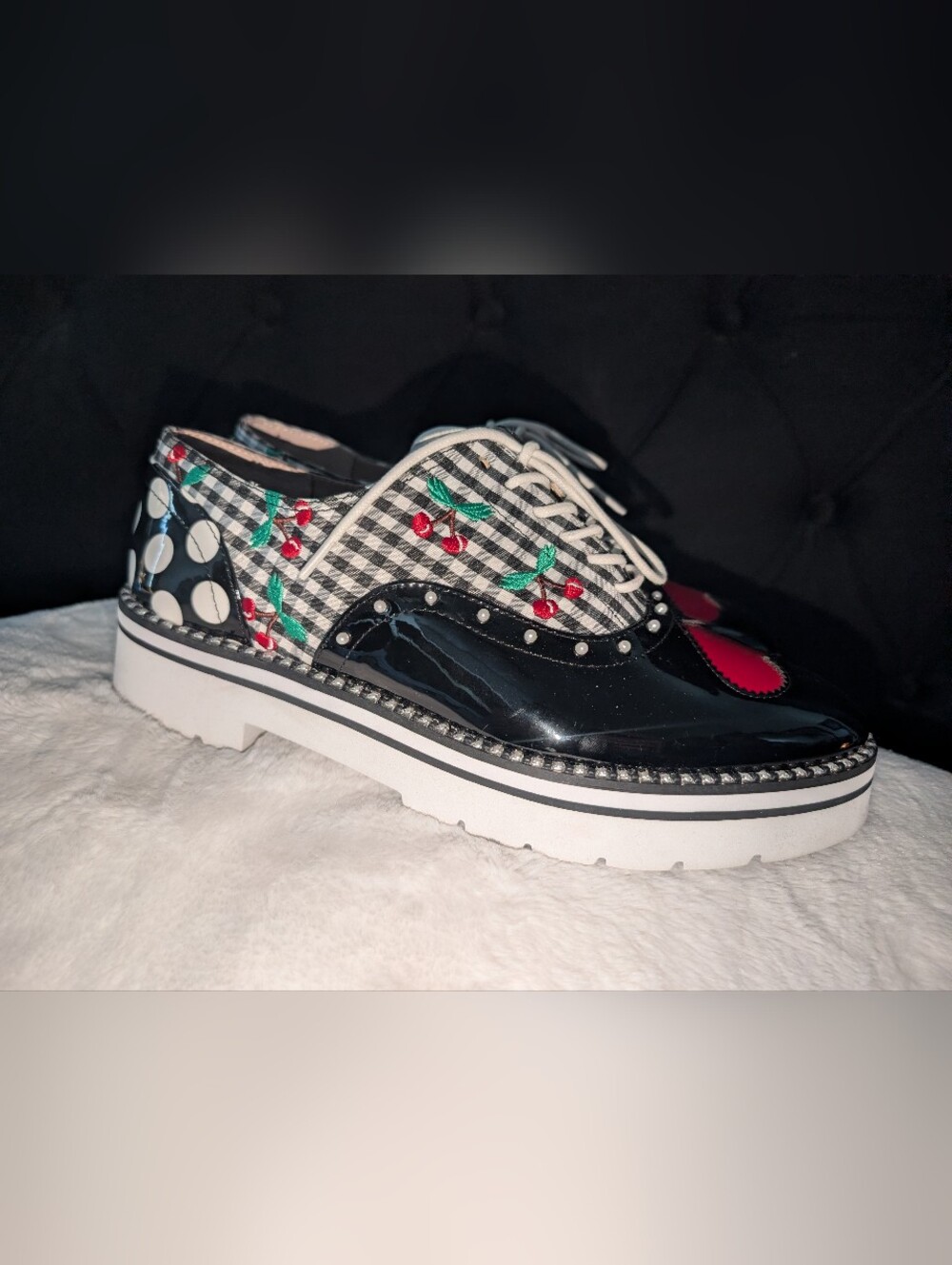 Betsey Johnson Shoes Abbott Oxfords Checkered Cherries Heart Cherry Women's 10 M